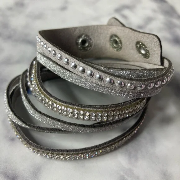 Grey Rhinestone & Rivet Faux Suede Wrap Bracelet - Picture 3 of 8